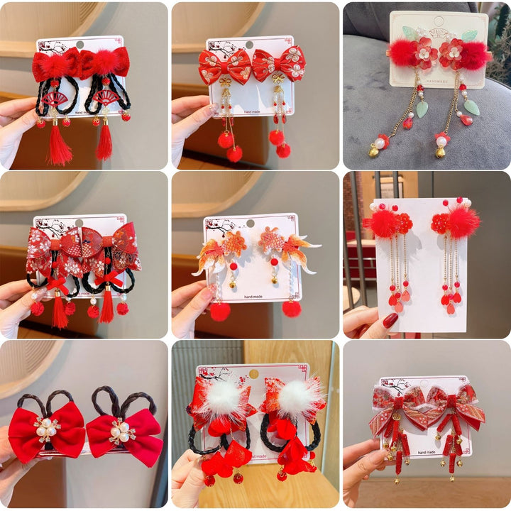 Singapore Souvenir Gift Chinese New Year CNY Red Kids Girl's Crystal Beads Head Clips Hair Accessories - Little Kooma