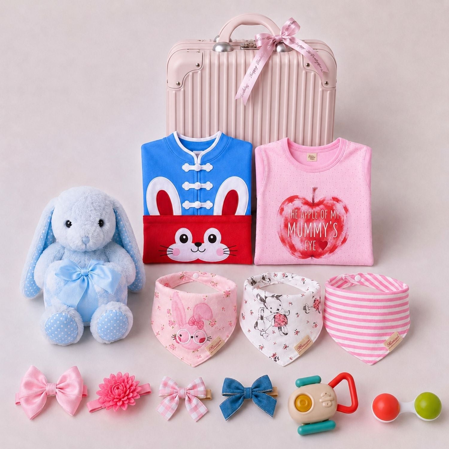 New Born Baby Girl LED Light Layette Plush Blanket Romper Blue Bunny Suitcase Mummy Makeup Box Gift Hamper Gift Box Set