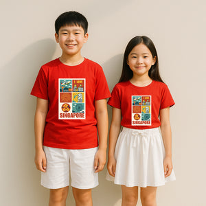 National Day NDP Red Top - Baby Kids Red T-shirt Retro Pop-art Style with Merlion Skyline Plane Icons National Day Top Outfit