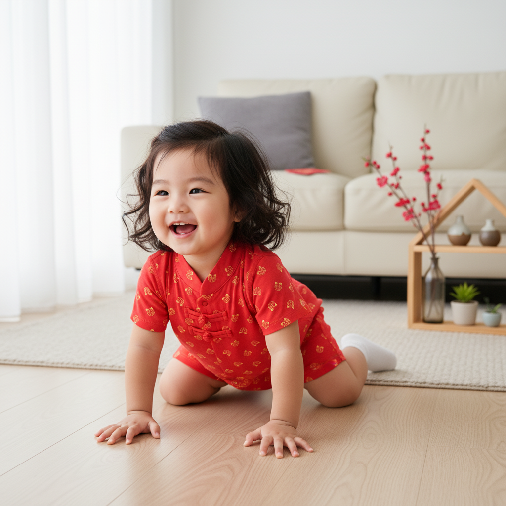 Singapore Souvenir Gift Blessing and Joy Family Set with Lucky Fu Characters Baby Boy Cheongsam Romper 0831