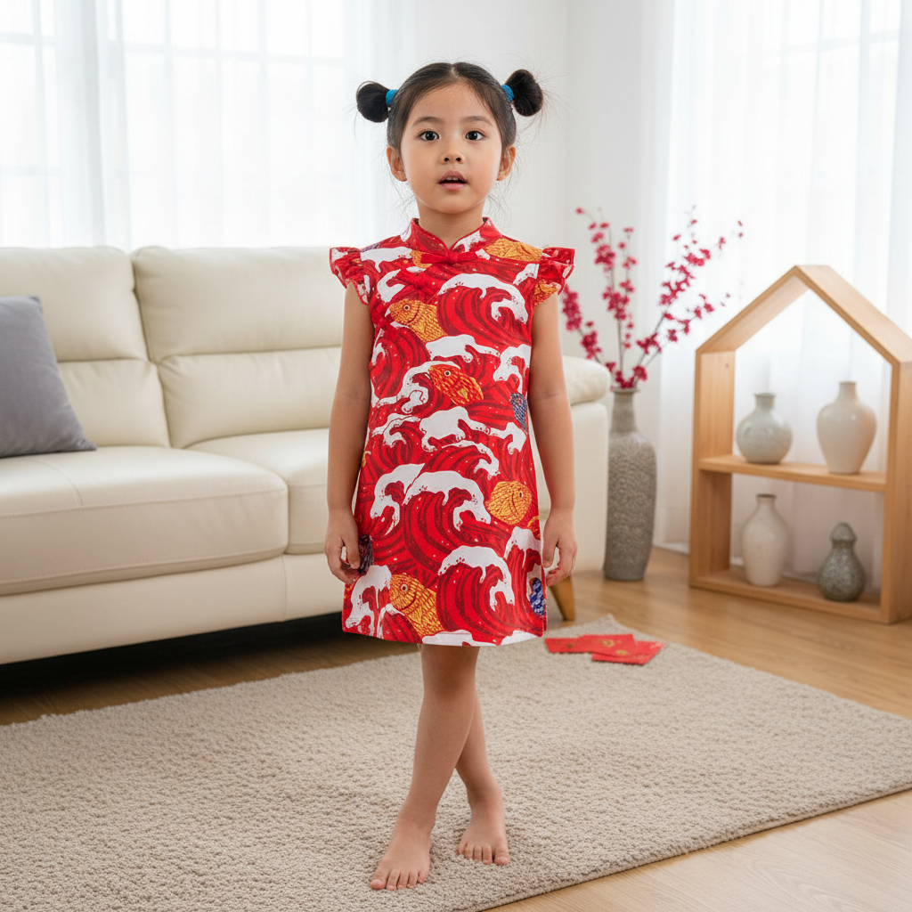 Ready Stock Carp Dragon Leap Girl Cheongsam Dress Baby Kids CNY Chinese New Year Outfit
