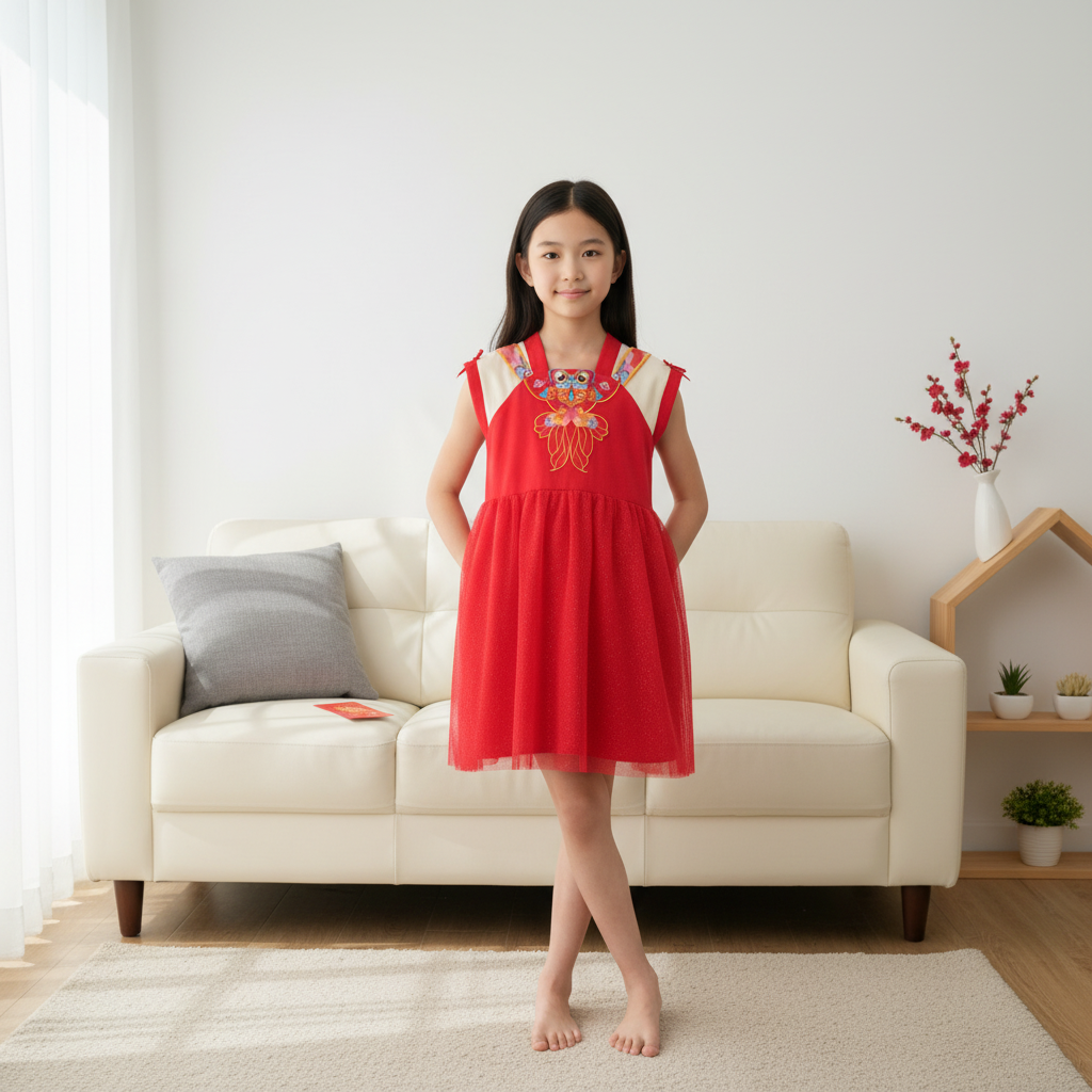 Singapore Souvenir Gift Wealth and Harmony Red Family Set with Golden Fish Embroidery Baby Kids Girl Cheongsam Dress 0833