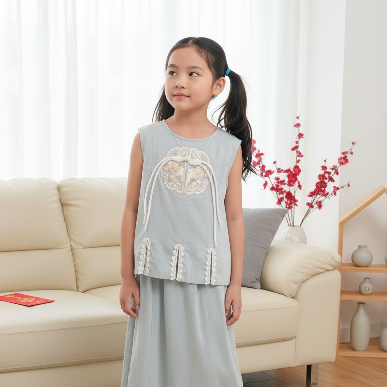 Singapore Souvenir Gift Vitality n Wisdom Blue Family Set Baby Kids Girl Cheongsam Top n Skirt Set 0842 - Little Kooma