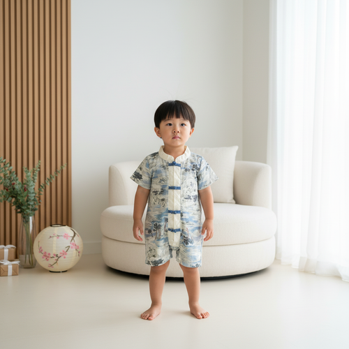 Singapore Souvenir Gift Chinese Landscape Painting Mountains Trees Houses Baby Boy Cheongsam Romper 0840 - Little Kooma