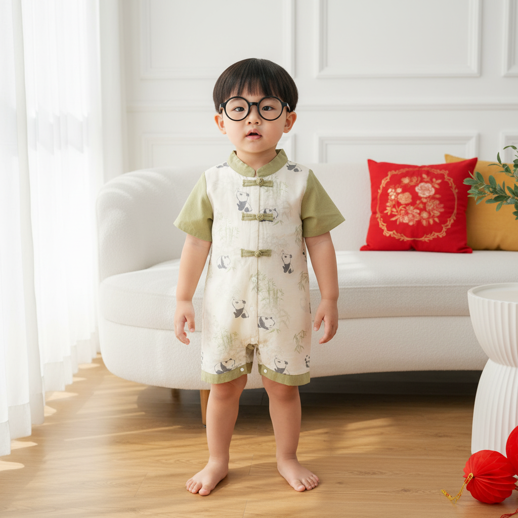 Singapore Souvenir Gift Panda Eat Bamboos Baby Boy Cheongsam Romper 0841