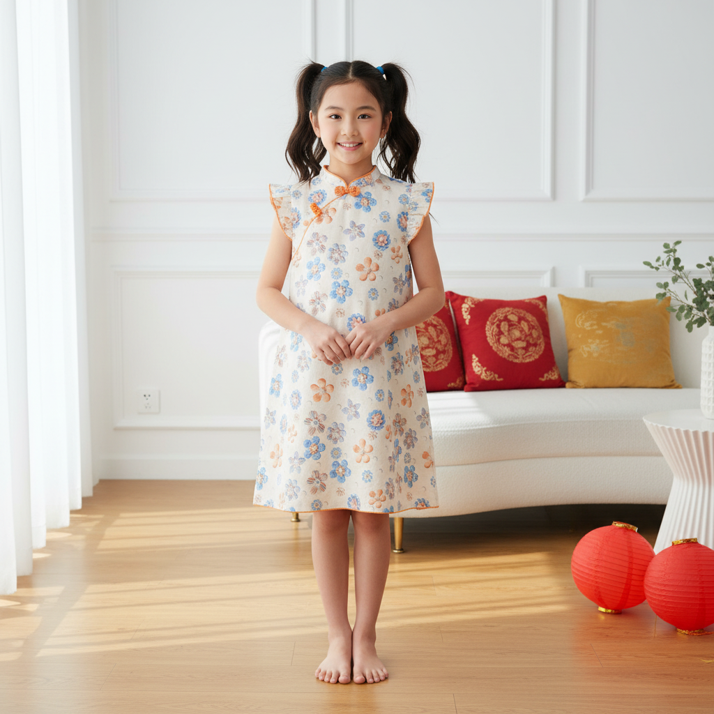 Singapore Souvenir Gift Blue Flowers Baby Kids Girl Cheongsam Dress 0848