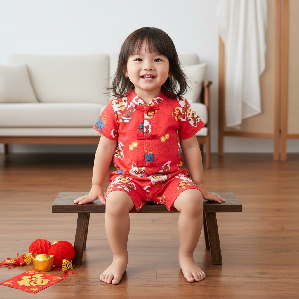 Ready Stock CNY Red Lion Dance Baby Boy Cheongsam Romper Singapore Outfit