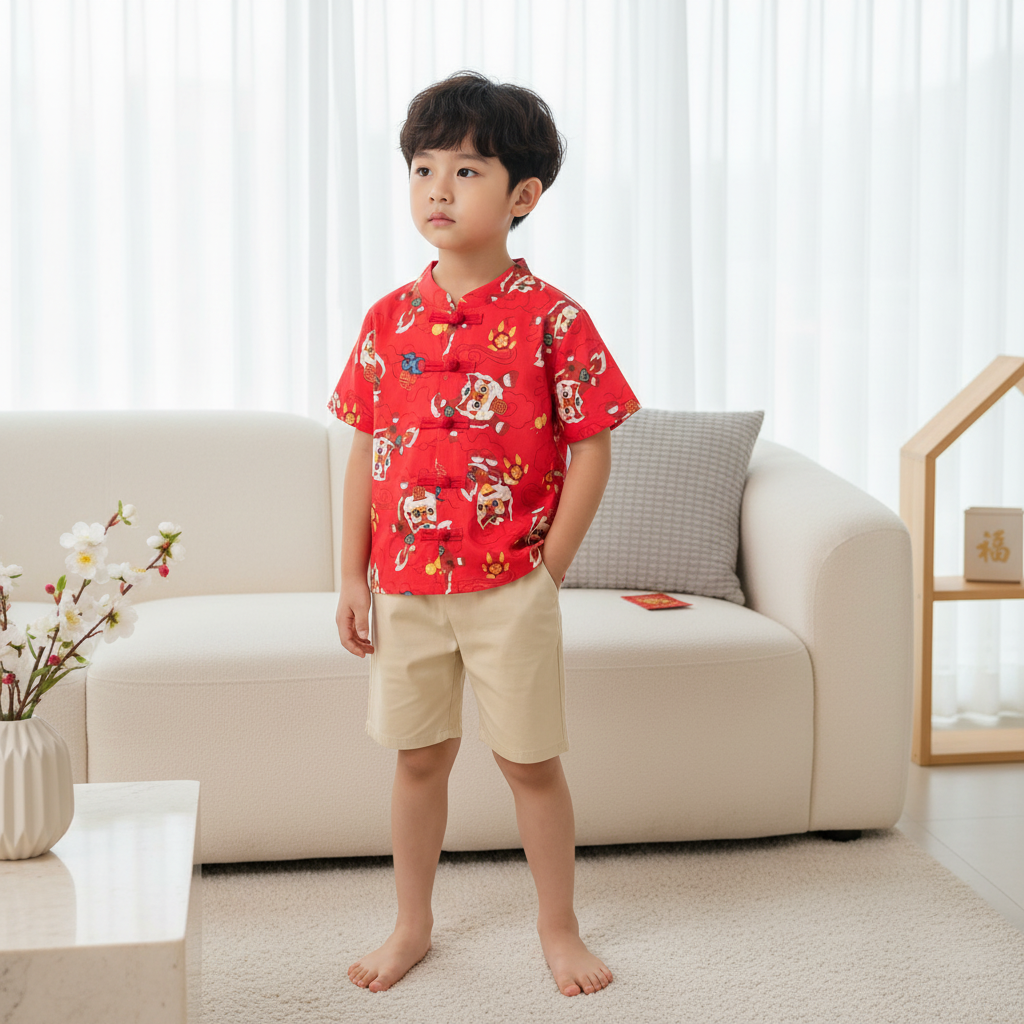 Ready Stock CNY Red Lion Dance Cheongsam Top & Shorts Set Baby Kids Boys Chinese New Year