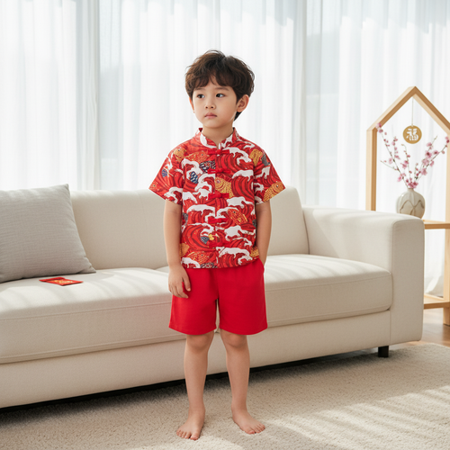 Ready Stock CNY Carp Dragon Leap Boys Cheongsam Top & Shorts Baby Kids Chinese New Year Outfit - Little Kooma