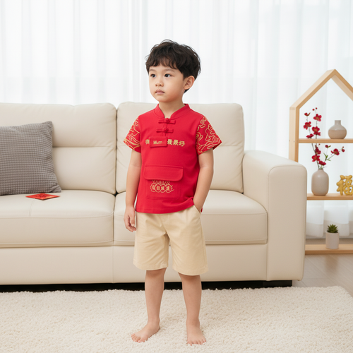 Singapore Souvenir Gift Ready Stock Kids CNY Outfit 6-in-1 Interchangeable Family Velcro Top with Red Packet Pocket - Little Kooma