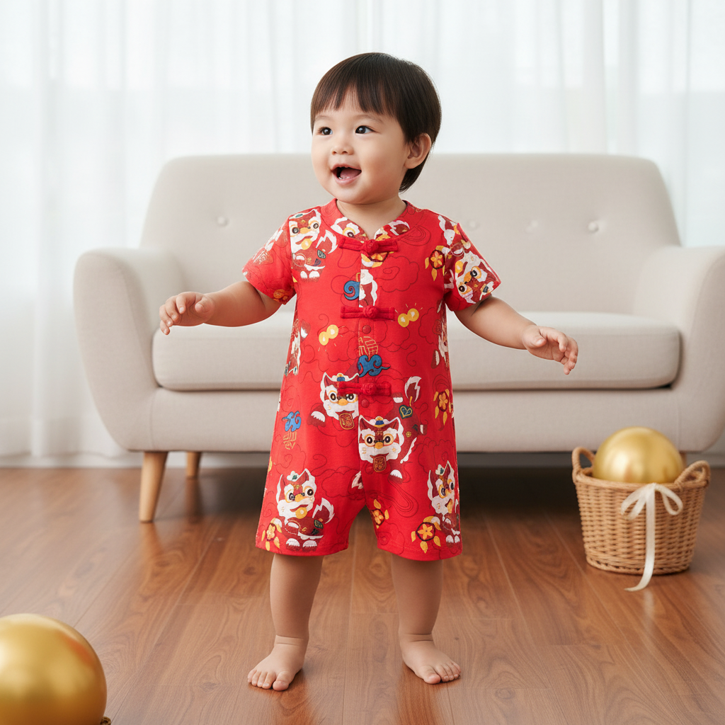 Ready Stock CNY Red Lion Dance Baby Boy Cheongsam Romper Singapore Outfit