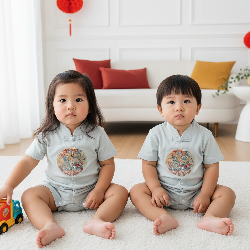 Singapore Souvenir Gift Vitality n Wisdom Blue Family Set Baby Boy Cheongsam Romper 0843