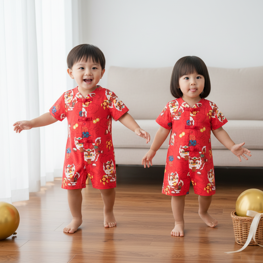 Ready Stock CNY Red Lion Dance Baby Boy Cheongsam Romper Singapore Outfit
