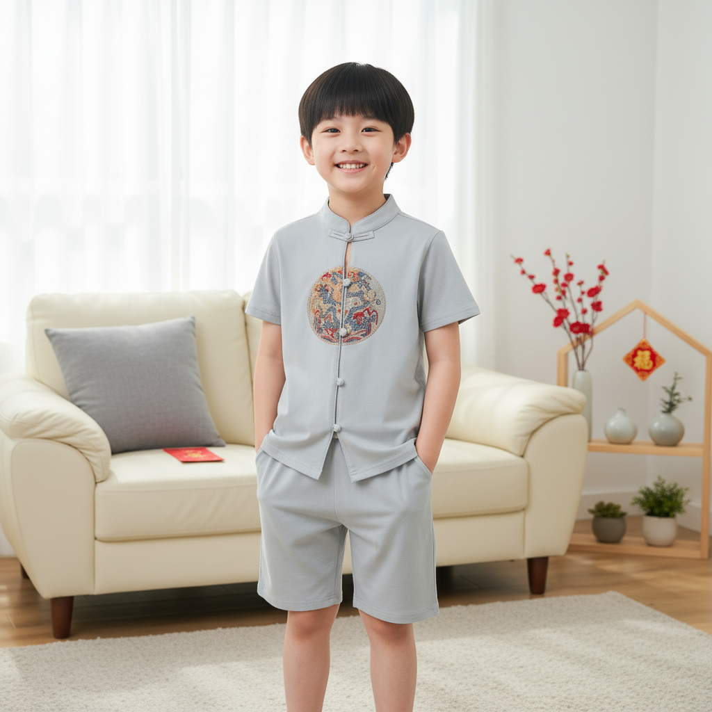 Singapore Souvenir Gift Vitality n Wisdom Blue Family Set Baby Kids Boys Cheongsam Set Top n Shorts CNY Chinese New Year Outfit 0844