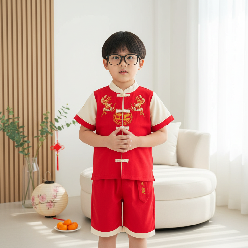 Singapore Souvenir Gift Wealth and Harmony Red Family Set with Golden Fish Embroidery Baby Kids Boys Cheongsam Set Top n Shorts CNY Chinese New Year Outfit 0835