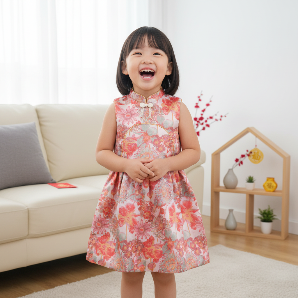 Singapore Souvenir Gift Red Flowers Sleeveless Baby Kids Girl Cheongsam Dress 0845