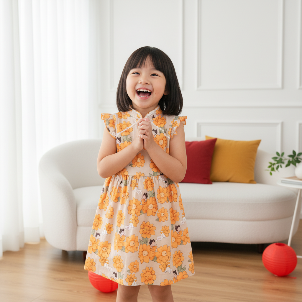 Singapore Souvenir Gift Sunflowers Little Girl n Cat Baby Kids Girl Cheongsam Dress 0846