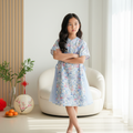 Singapore Souvenir Gift Baby Kids Girl Blue n Pink Flower Cheongsam Dress w Double Bowties n Side Voile Design - Little Kooma