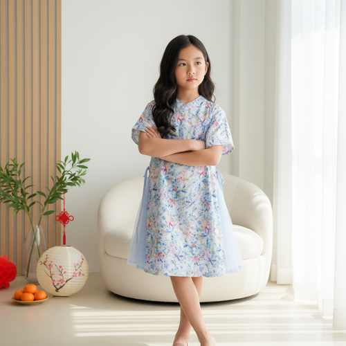 Singapore Souvenir Gift Baby Kids Girl Blue n Pink Flower Cheongsam Dress w Double Bowties n Side Voile Design - Little Kooma