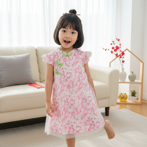 Singapore Souvenir Gift Baby Kids Girl Voile Cover Pink Cheongsam Dress w White Flowers - Little Kooma