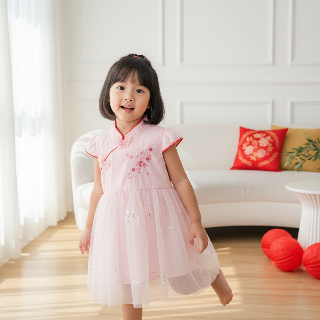 Singapore Souvenir Gift Baby Kids Girl Pink 3D Butterflies Cheongsam Dress w Embroidered Plum Flowers n Pink Shining Voile Dress