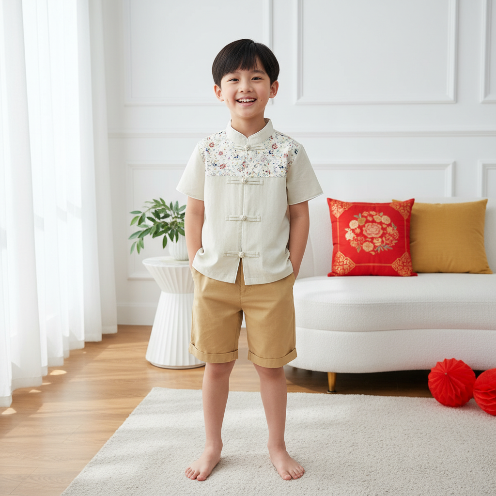 Singapore Souvenir Gift Blossom Harmony Collection Baby Kids Boys Beige Cheongsam Set Little Flower Prints Top n Shorts CNY Chinese New Year Outfit 0819