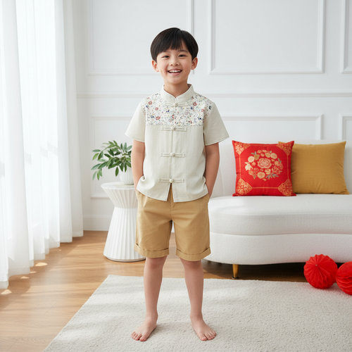 Singapore Souvenir Gift Blossom Harmony Collection Baby Kids Boys Beige Cheongsam Set Little Flower Prints Top n Shorts CNY Chinese New Year Outfit 0819 - Little Kooma