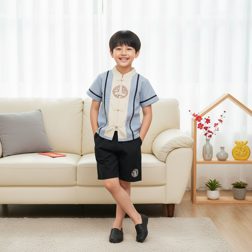 Singapore Souvenir Gift Baby Kids Boys Fake Two Piece Cheongsam Set Blue Top n Black Shorts CNY Chinese New Year Outfit