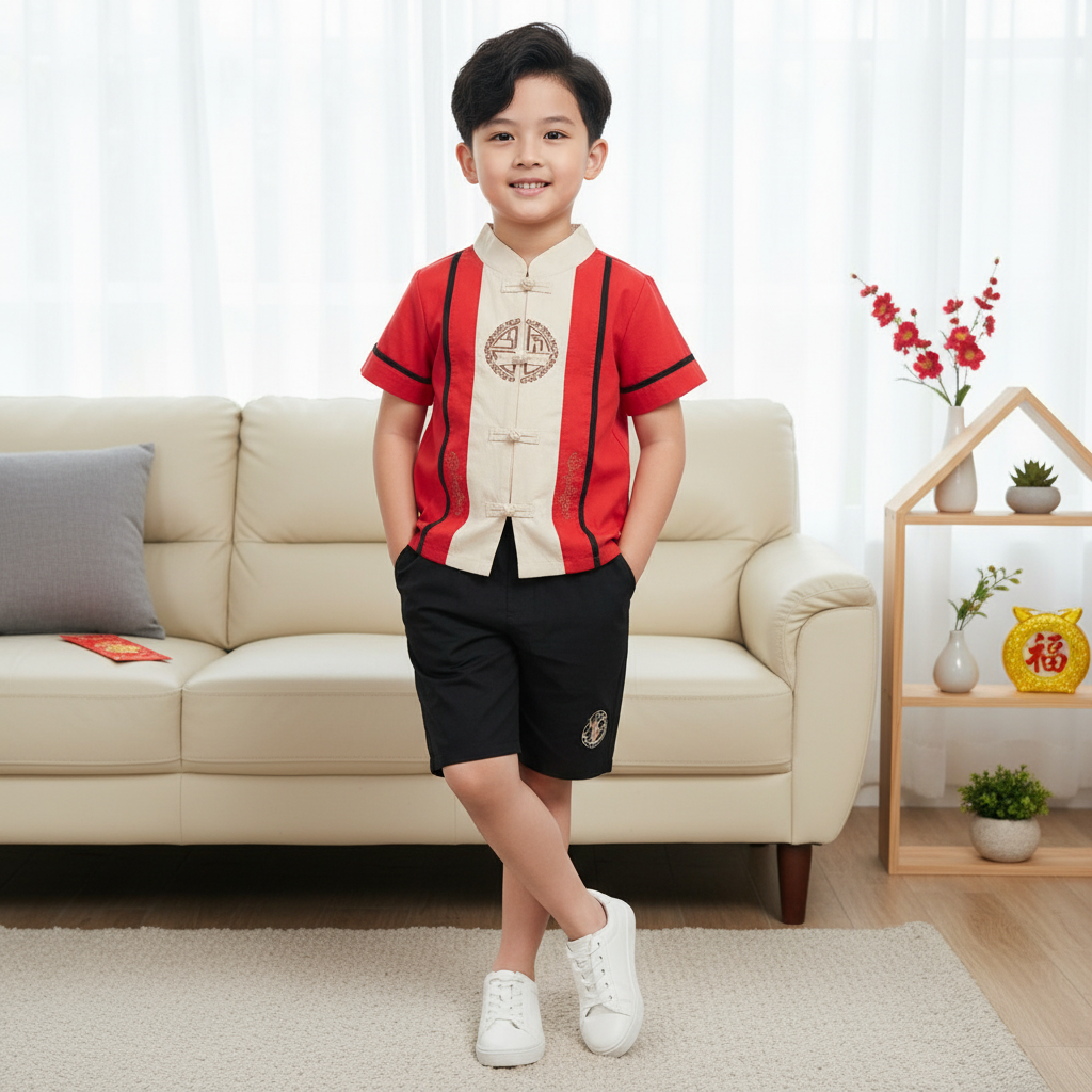 Singapore Souvenir Gift Baby Kids Boys Fake Two Piece Cheongsam Set Red Top n Black Shorts CNY Chinese New Year Outfit