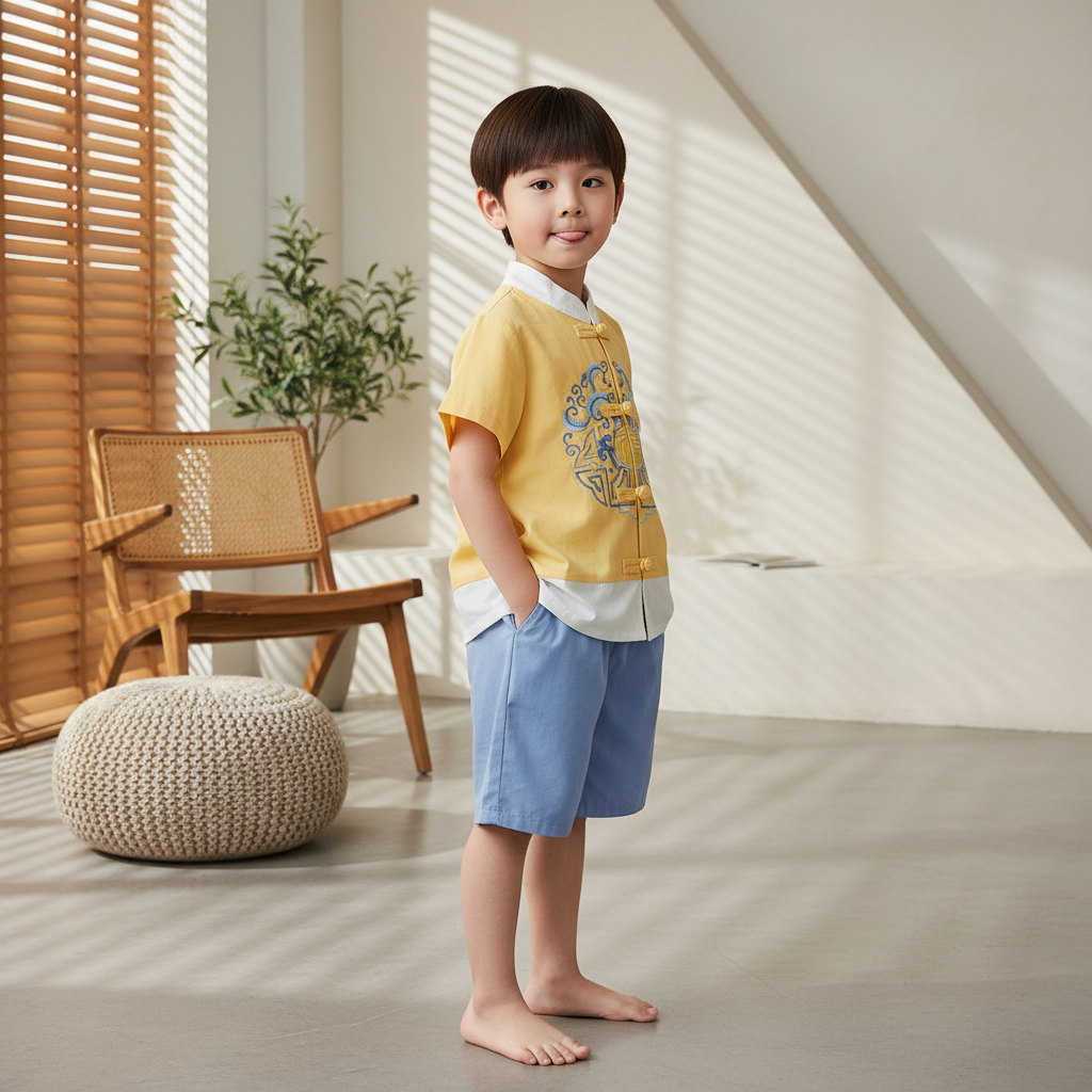 Singapore Souvenir Gift Baby Kids Boys Chinese Character Fu Cheongsam Set Yellow Top n Blue Shorts CNY Chinese New Year Outfit