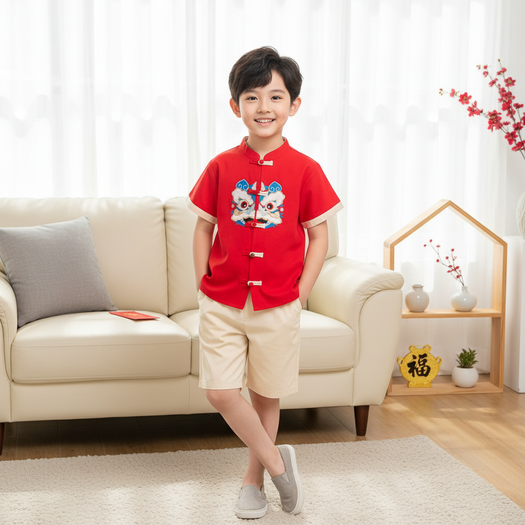 Singapore Souvenir Gift Baby Kids Boys Cheongsam Set Dancing Lion Top n Shorts CNY Chinese New Year Outfit