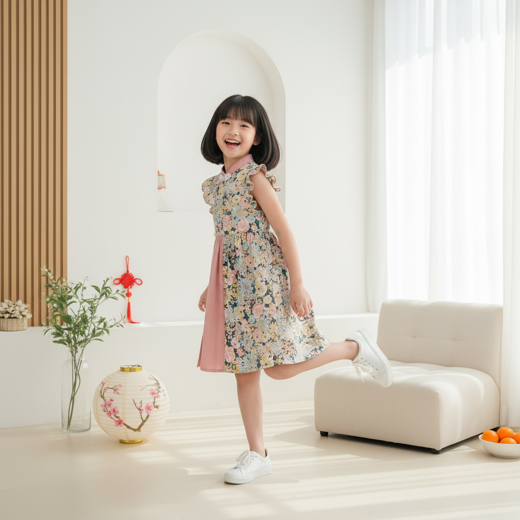 Singapore Souvenir Gift Baby Kids Girls Ruffled Sleeves Floral Cheongsam Dress CNY Chinese New Year Outfit
