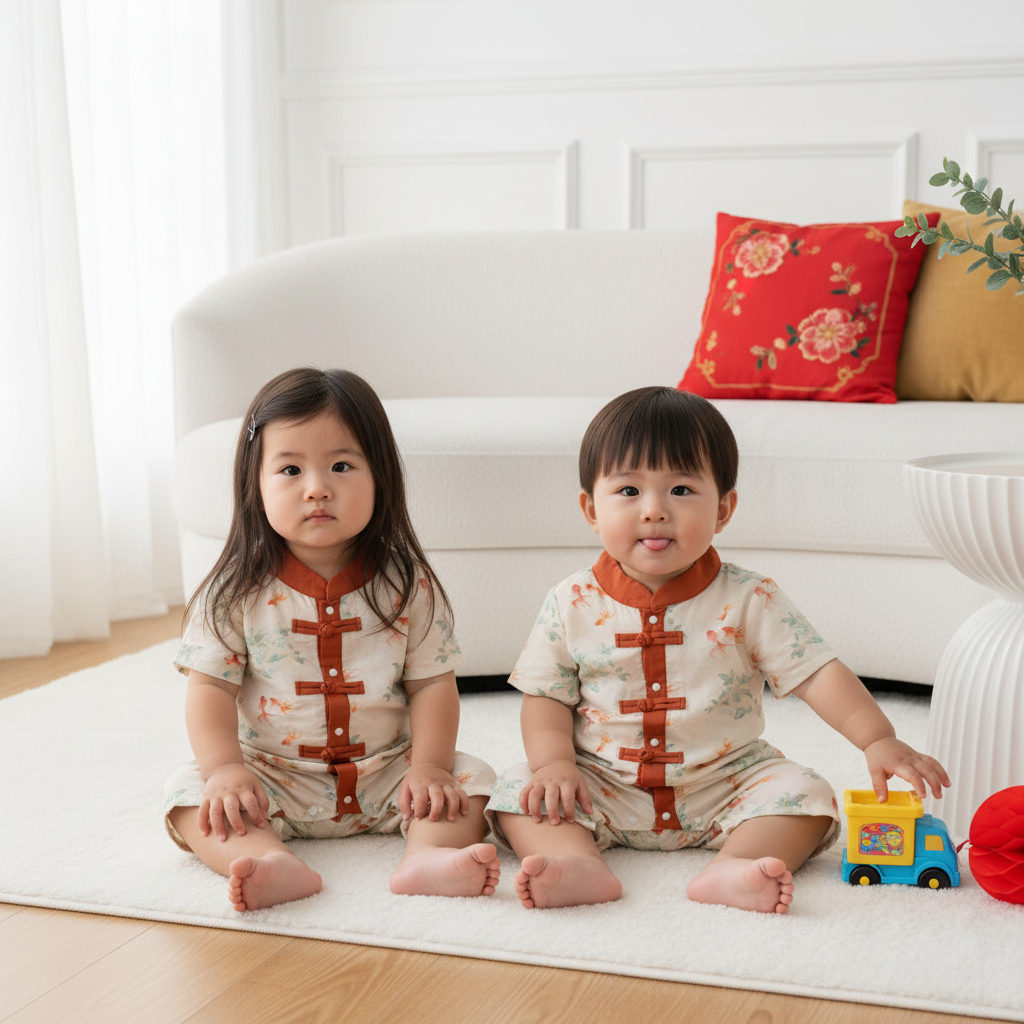 Singapore Souvenir Gift Fortune Bloom Family Set with Golden Fish Baby Boy Cheongsam Romper 0828