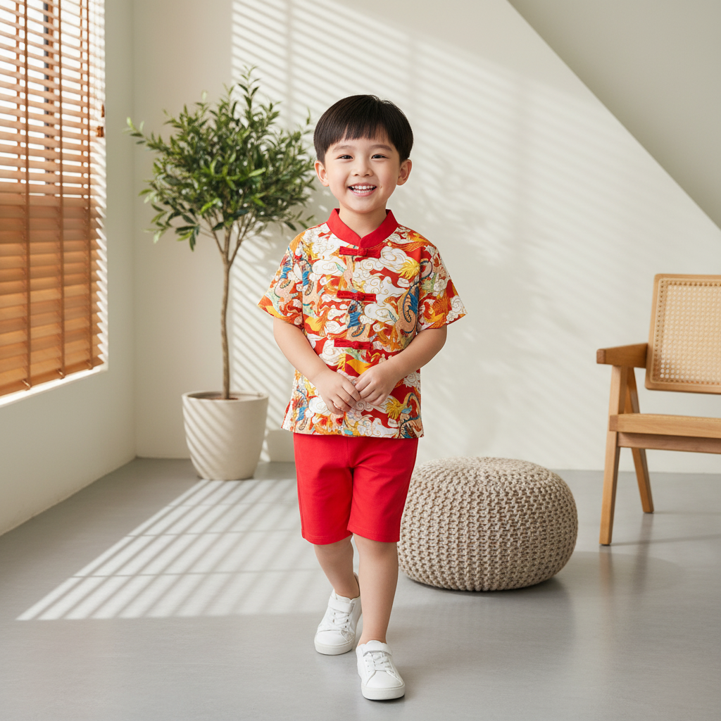 Ready Stock CNY Dragon Phoenix Boys Cheongsam Top & Shorts Set Baby Kids Chinese New Year