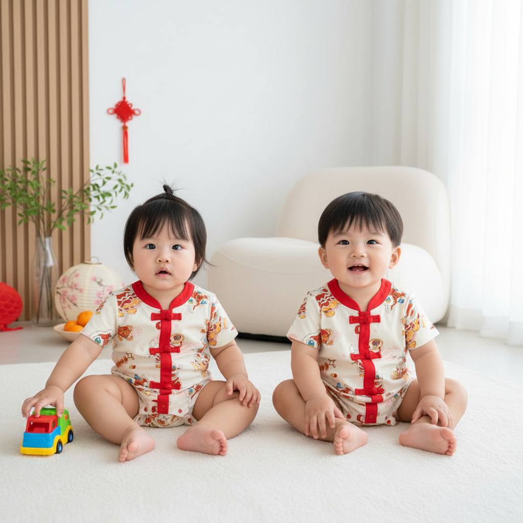 Ready Stock CNY White Lion Dance Baby Boy Cheongsam Romper Singapore Outfit
