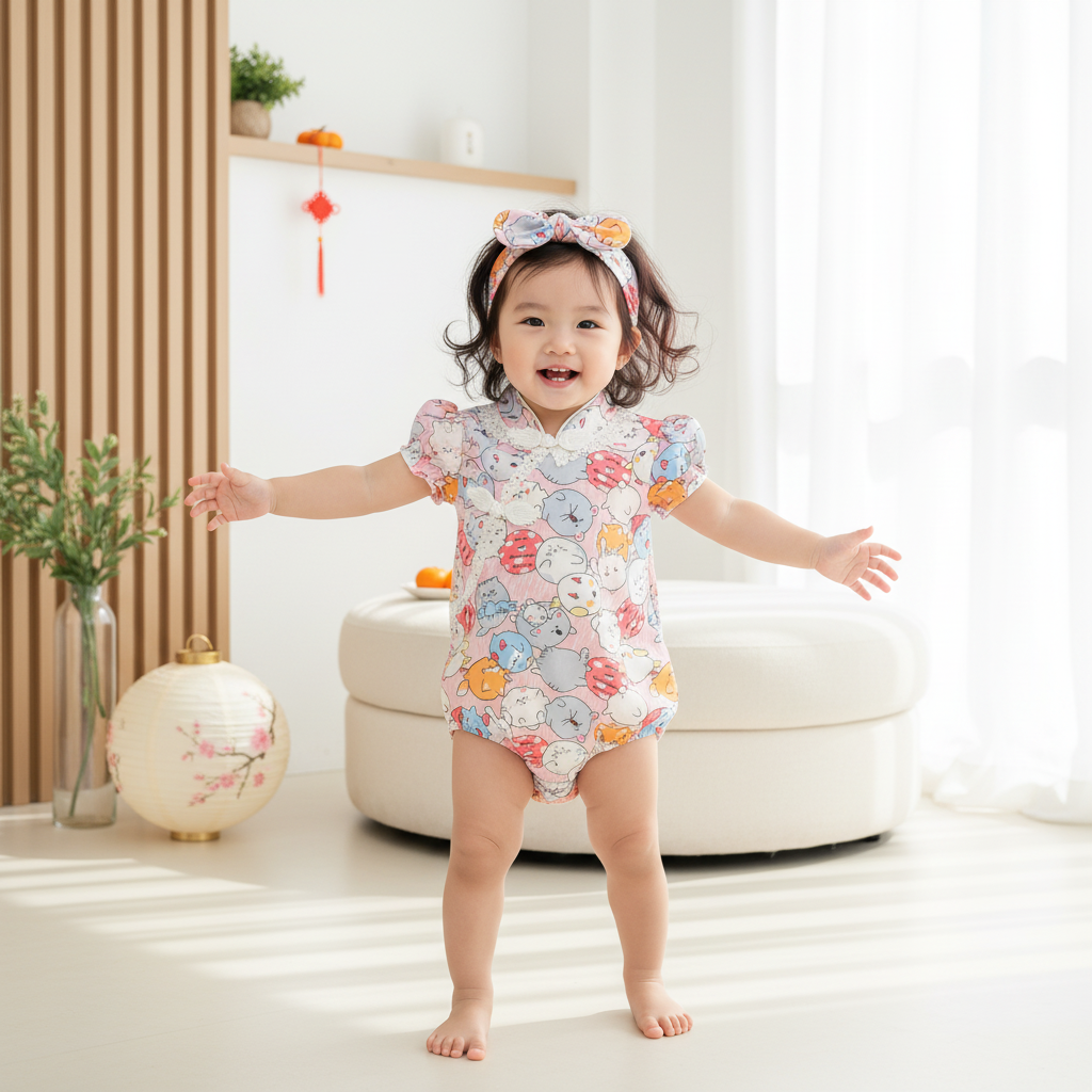 Singapore Souvenir Gift Purrfect Family Paws Baby Girl Pink Cats Cheongsam Bodysuit n Headwrap Set Family Wear 0821