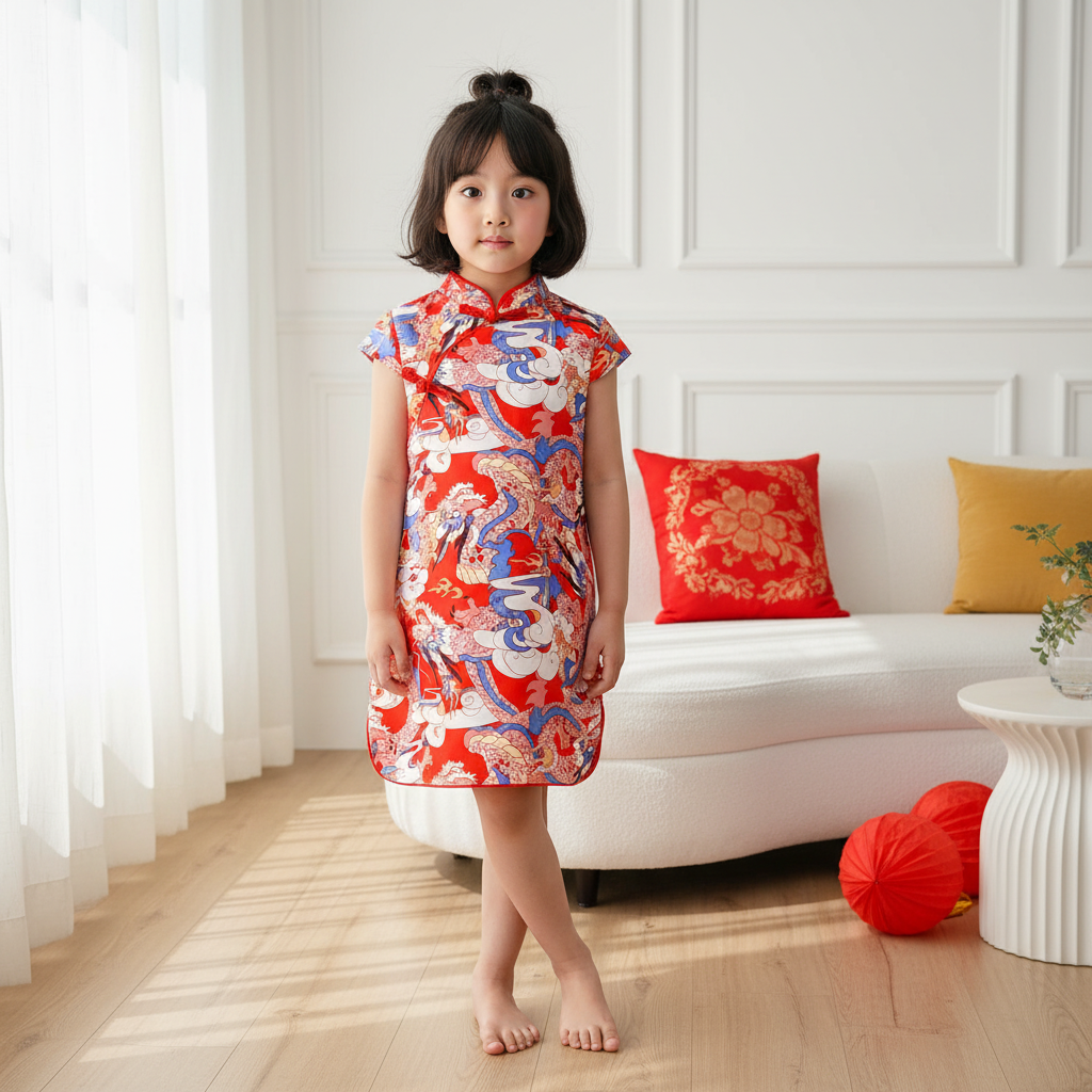 Singapore Souvenir Gift Dragon Dynasty Ensemble Baby Kids Girl Blue n Red Cheongsam Dress w Dragon Prints 0803