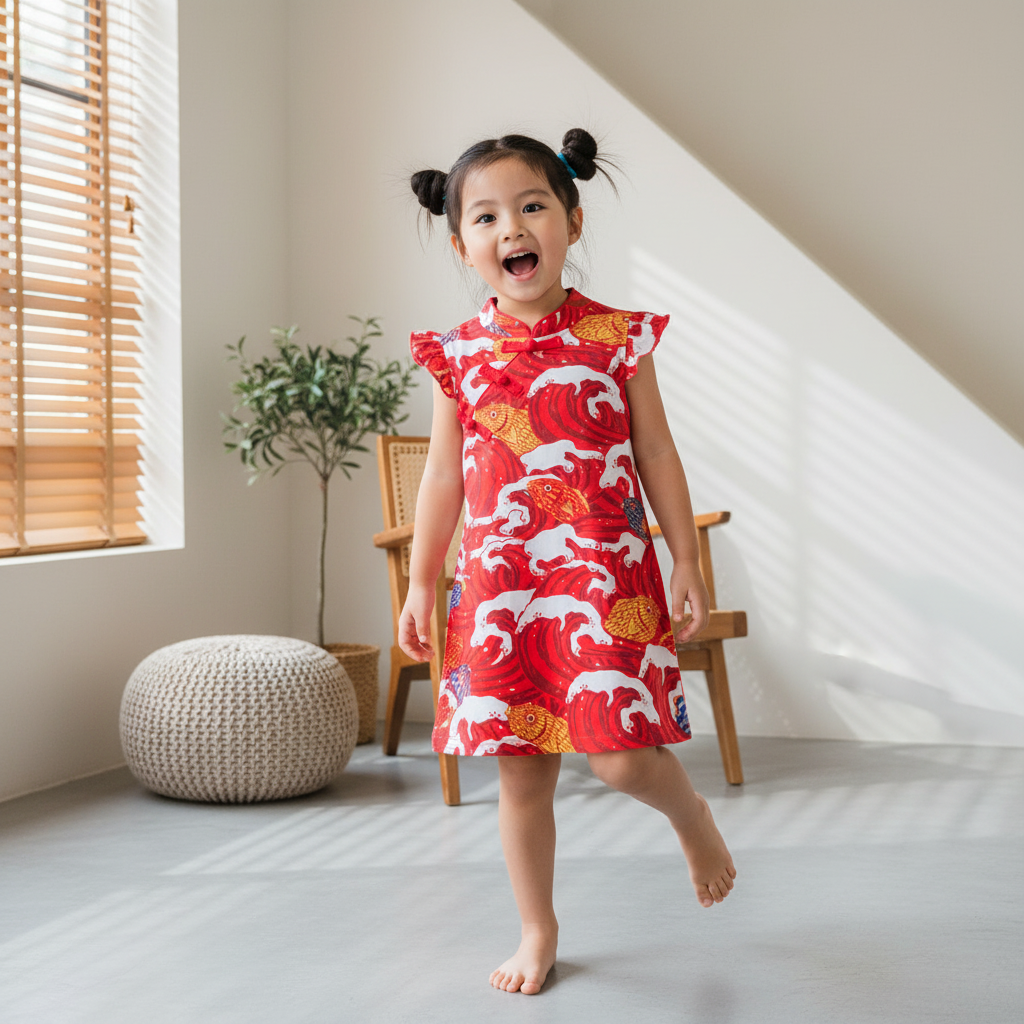 Ready Stock Carp Dragon Leap Girl Cheongsam Dress Baby Kids CNY Chinese New Year Outfit