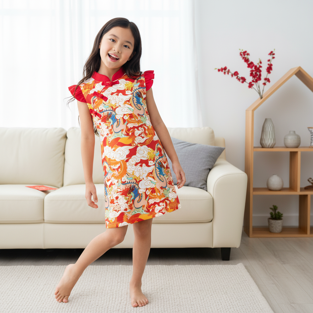 Ready Stock CNY Dragon Phoenix Girl Cheongsam Dress Baby Kids Chinese New Year Outfit