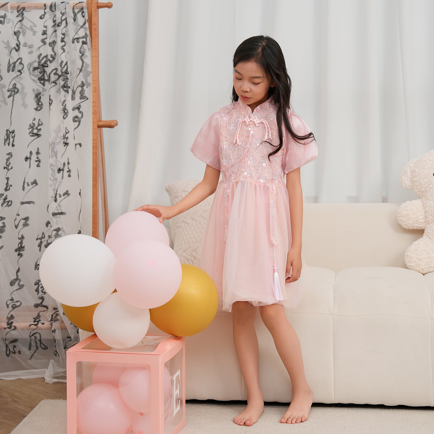Singapore Souvenir Gift Pink Unicorn Lace Voile Baby Kids Girl Cheongsam Dress 0851