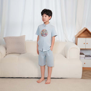 Singapore Souvenir Gift Vitality n Wisdom Blue Family Set Baby Kids Boys Cheongsam Set Top n Shorts CNY Chinese New Year Outfit 0844 - Little Kooma