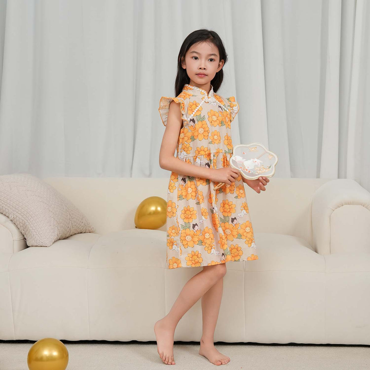 Singapore Souvenir Gift Sunflowers Little Girl n Cat Baby Kids Girl Cheongsam Dress 0846 - Little Kooma