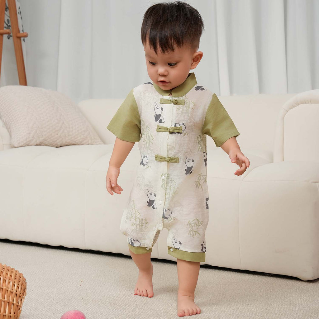 Singapore Souvenir Gift Panda Eat Bamboos Baby Boy Cheongsam Romper 0841 - Little Kooma