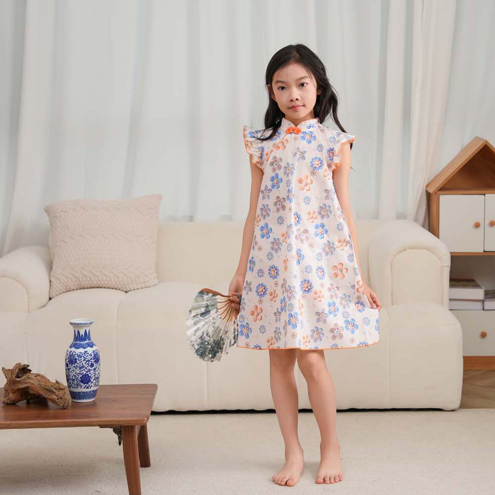 Singapore Souvenir Gift Blue Flowers Baby Kids Girl Cheongsam Dress 0848 - Little Kooma