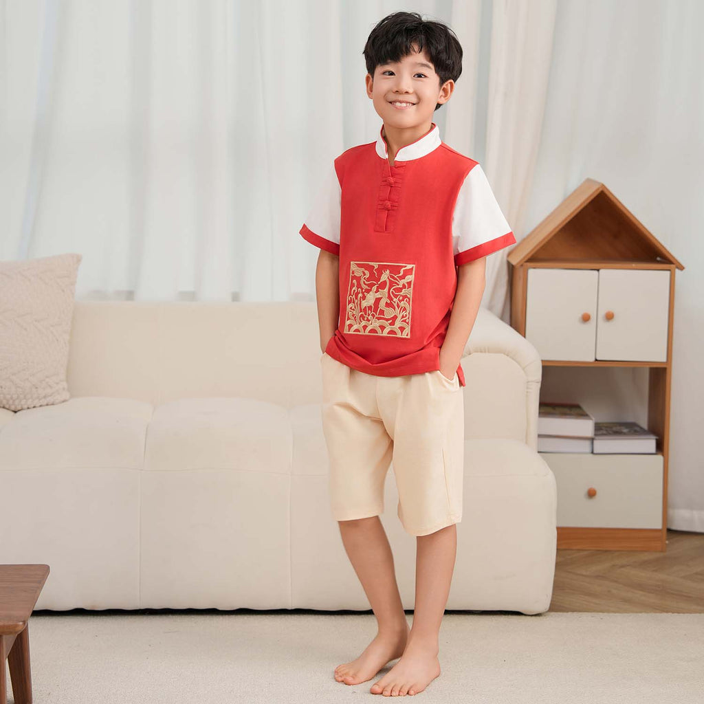 Singapore Souvenir Gift Majestic Phoenix Cheongsam Symbol of Power and Renewal Baby Kids Boys Cheongsam Set Top n Shorts CNY Chinese New Year Outfit 0837 - Little Kooma