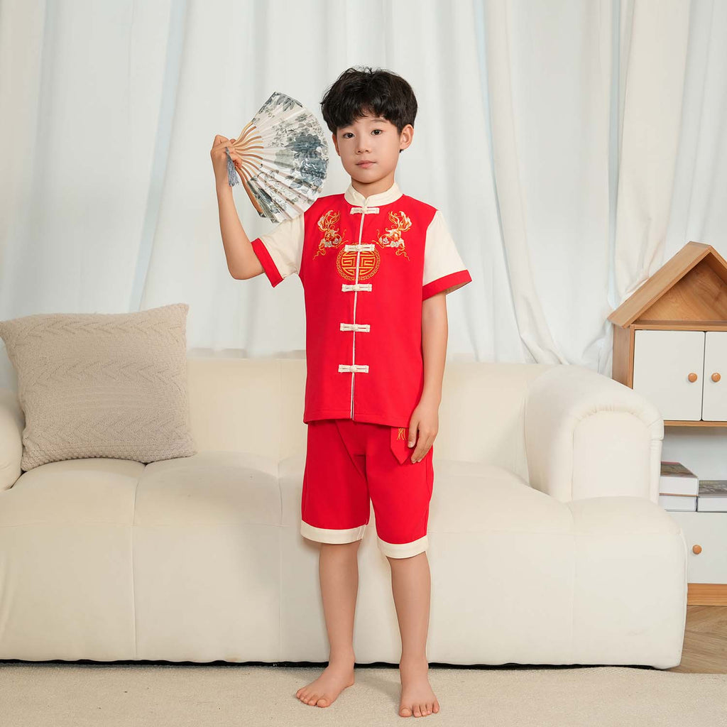 Singapore Souvenir Gift Wealth and Harmony Red Family Set with Golden Fish Embroidery Baby Kids Boys Cheongsam Set Top n Shorts CNY Chinese New Year Outfit 0835 - Little Kooma
