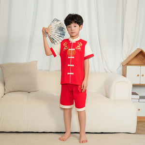 Singapore Souvenir Gift Wealth and Harmony Red Family Set with Golden Fish Embroidery Baby Kids Boys Cheongsam Set Top n Shorts CNY Chinese New Year Outfit 0835 - Little Kooma
