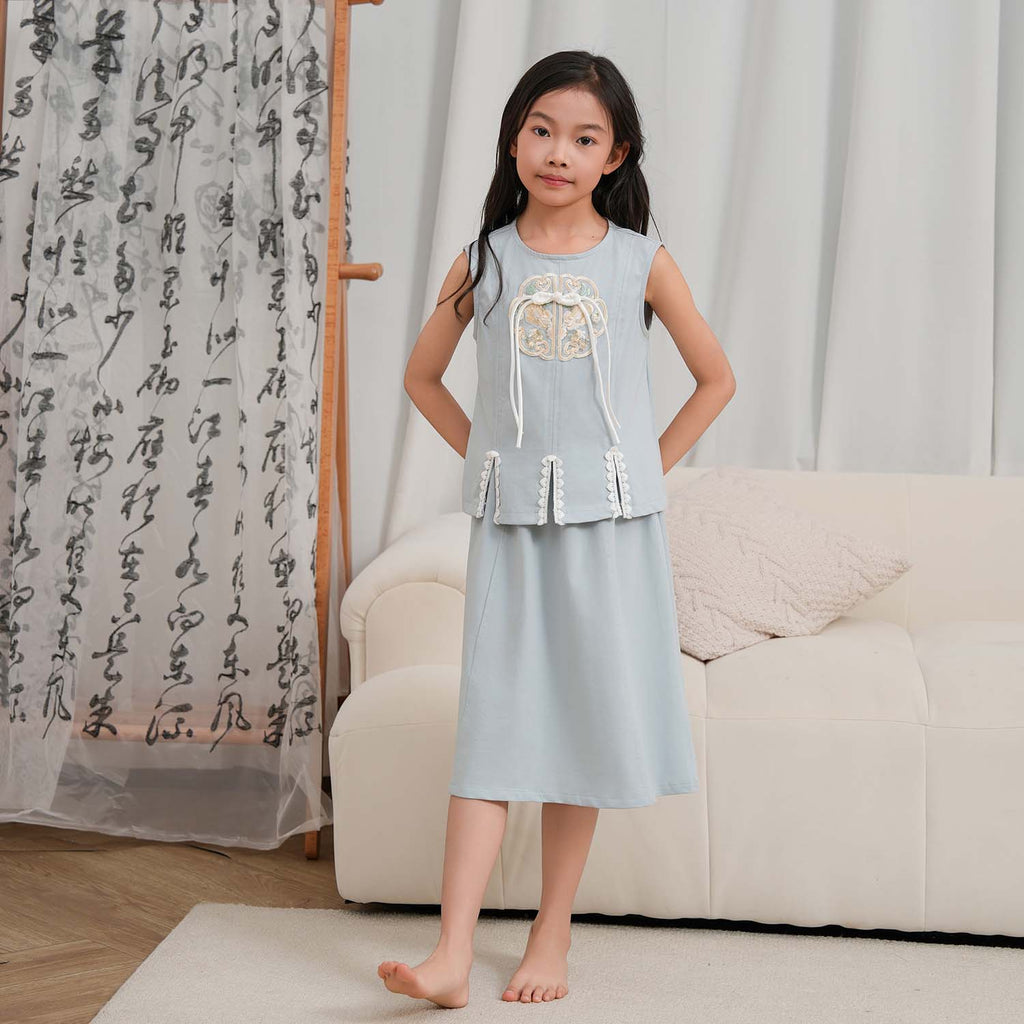Singapore Souvenir Gift Vitality n Wisdom Blue Family Set Baby Kids Girl Cheongsam Top n Skirt Set 0842 - Little Kooma