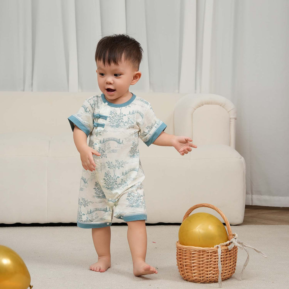 Singapore Souvenir Gift Chinese Garden Landscape Bridge Rockery Pavilion Baby Boy Cheongsam Romper 0839 - Little Kooma
