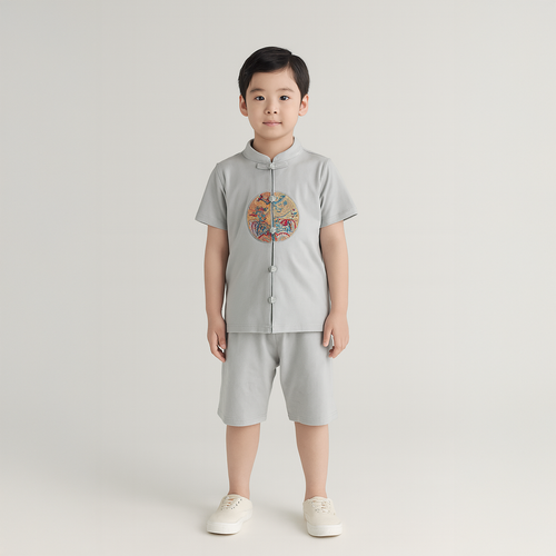 Singapore Souvenir Gift Vitality n Wisdom Blue Family Set Baby Kids Boys Cheongsam Set Top n Shorts CNY Chinese New Year Outfit 0844 - Little Kooma